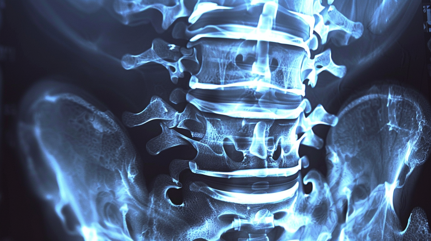 Рентгеновский снимок позвоночника, демонстрирующий типичные признаки спондилоартроза: остеофиты, сужение межпозвонковых промежутков и дегенерацию межпозвонковых дисков