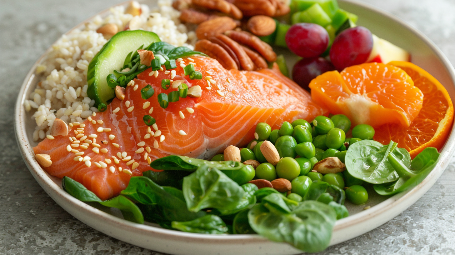 Спондилез: причины, симптомы, диагностика и лечение A healthy meal plate with salmon, green vegetables, whole grains, nuts, and fresh fruit. The foods are arranged artistically on the plate with bright colors and textures