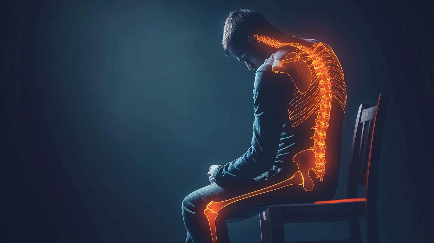 Osteochondrosis. A photo of a man sitting on a chair with pain expression on his face, holding his lower back, illustration of a person suffering from lower back pain related to spinal disc degeneration