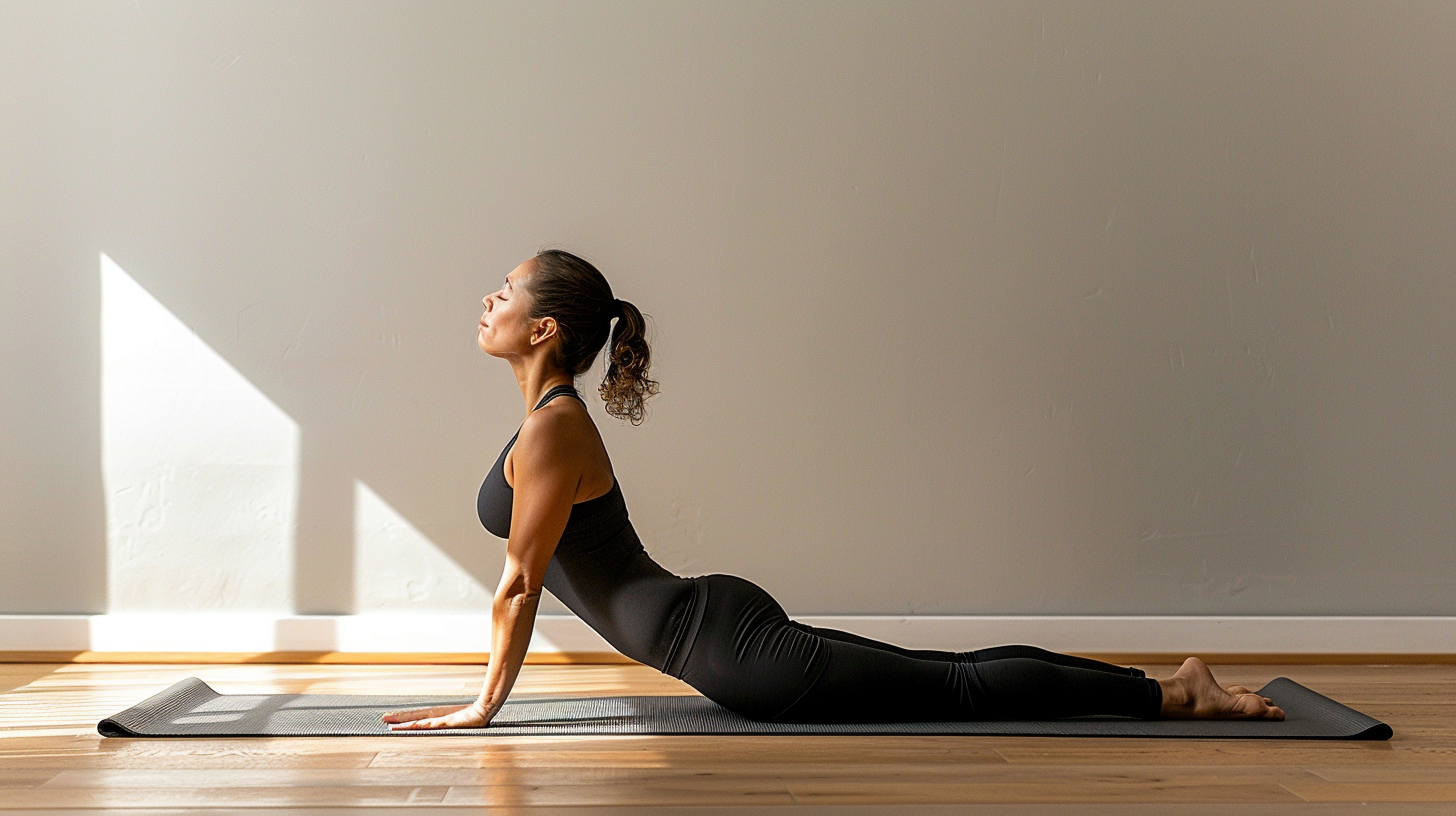 Женщина выполняет упражнение из йоги, называемое "Поза кобры", растягивая позвоночник в контролируемой манере для улучшения гибкости спины