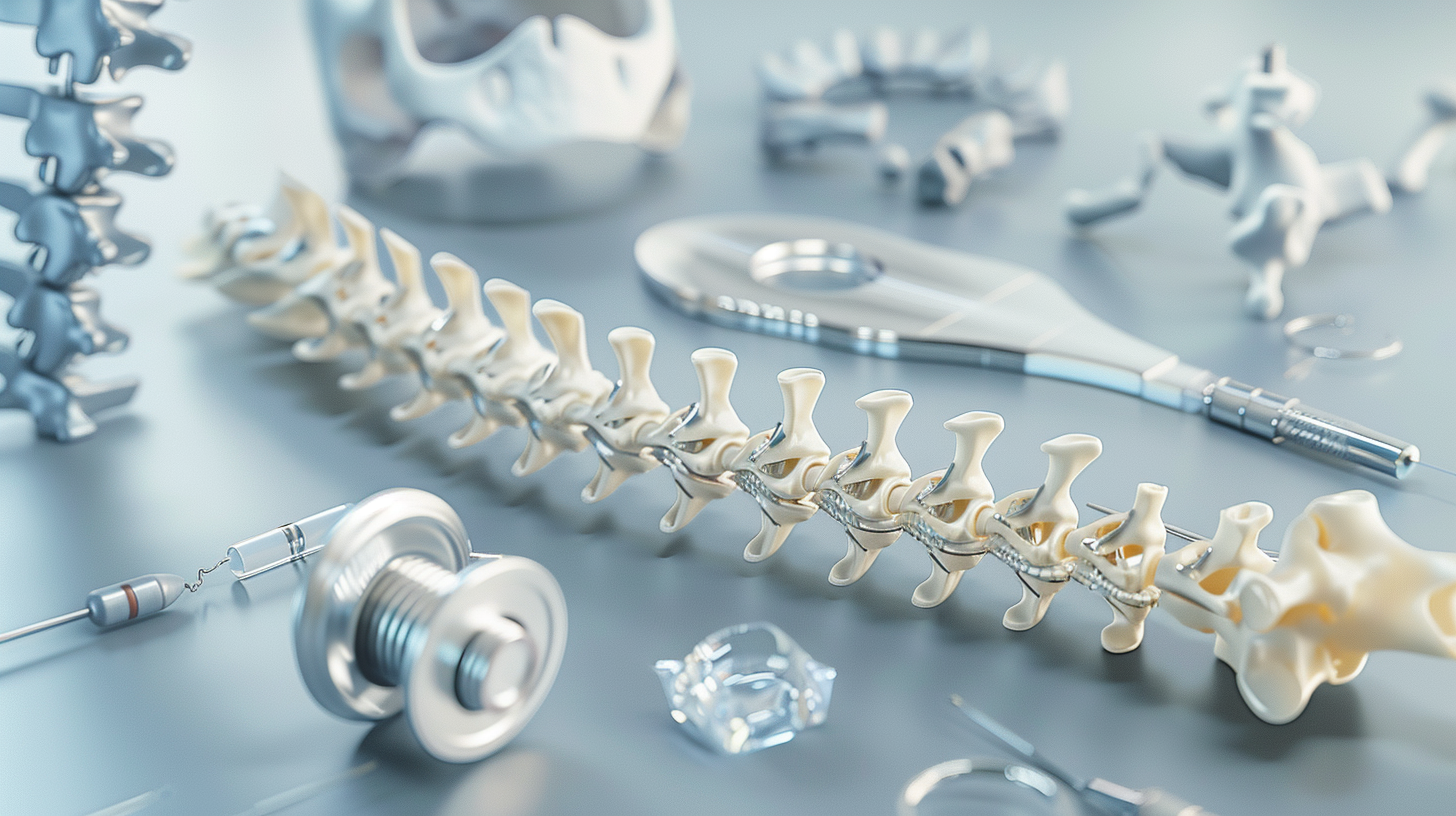 Osteochondrosis. A 3D illustration showing examples of different spinal surgery implants and devices used for disc replacement, decompression, and fusion procedures to treat spinal disc herniations and degenerative disc disease. Rendered in medical imaging style with labels