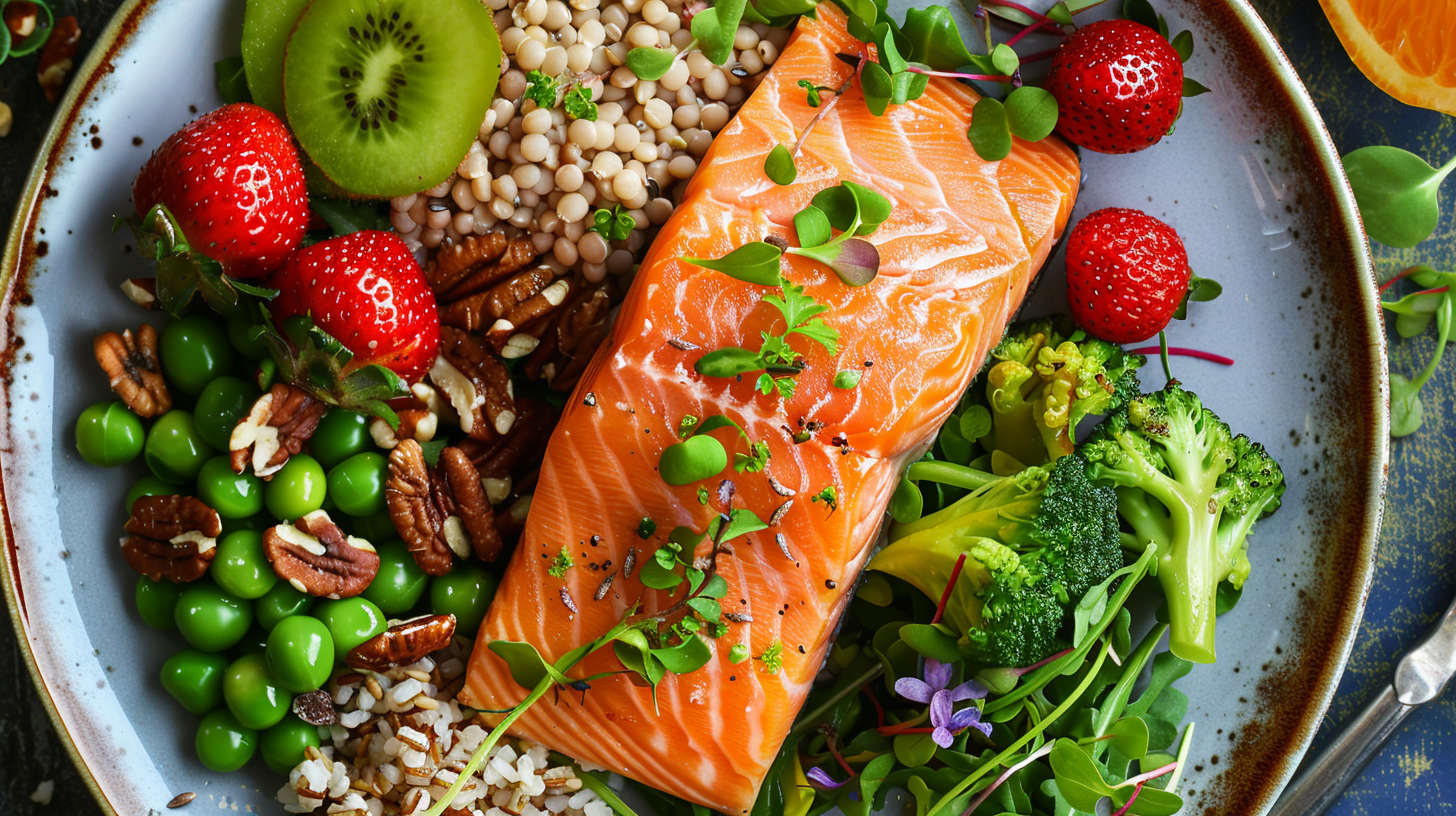 Тарелка со здоровым и сбалансированным питанием, включающим лосось, зеленые овощи, цельнозерновые продукты, орехи и свежие фрукты. Такое питание богато витаминами, минералами и антиоксидантами для поддержания здоровья позвоночника