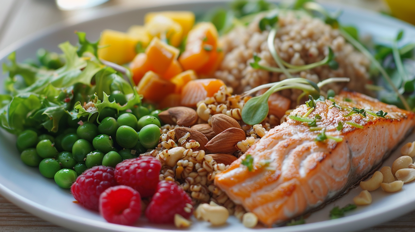 Тарелка со здоровым и сбалансированным питанием, включающим лосось, зеленые овощи, цельнозерновые продукты, орехи и свежие фрукты. Такое питание богато витаминами, минералами и антиоксидантами для поддержания здоровья позвоночника